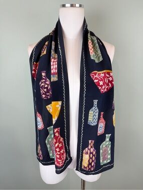 Vintage Talbots silk oblong scarf featuring a vibrant pottery and vessel print